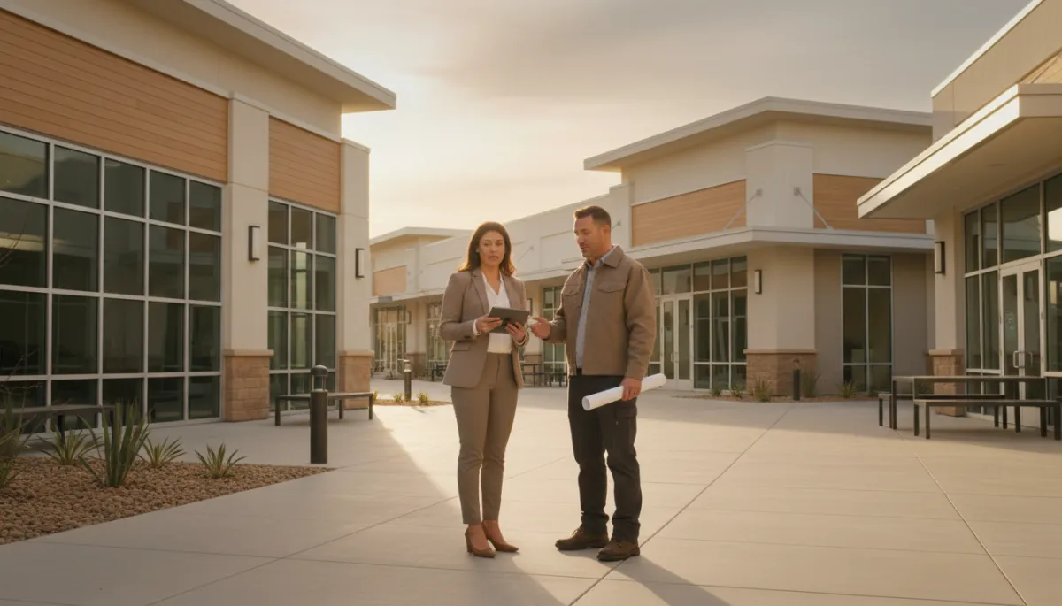 Property manager reviewing a clean commercial plaza exterior with contractor
