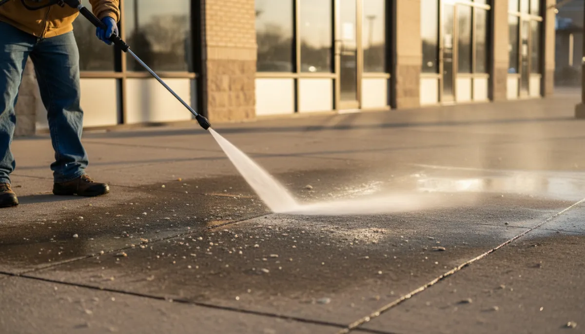 Technician pressure washing a commercial sidewalk in front of stores