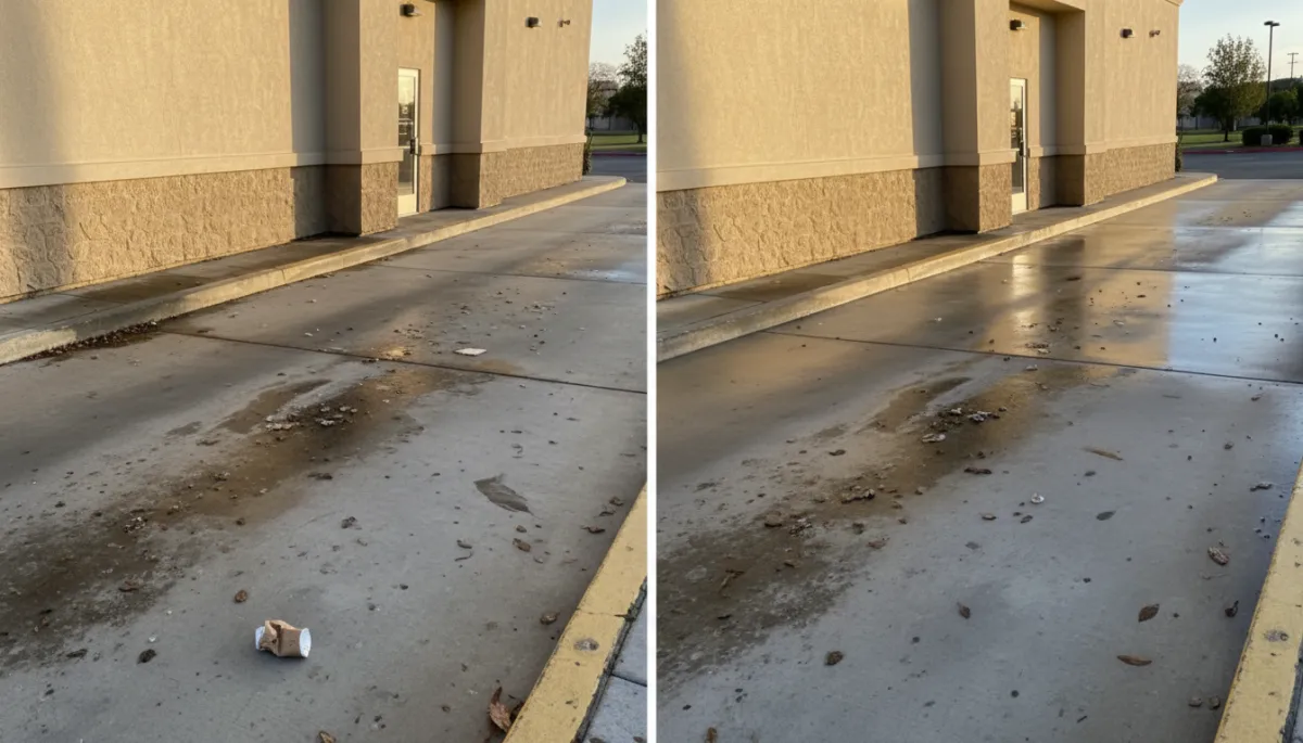 Before and after comparison of a cleaned restaurant drive-through lane
