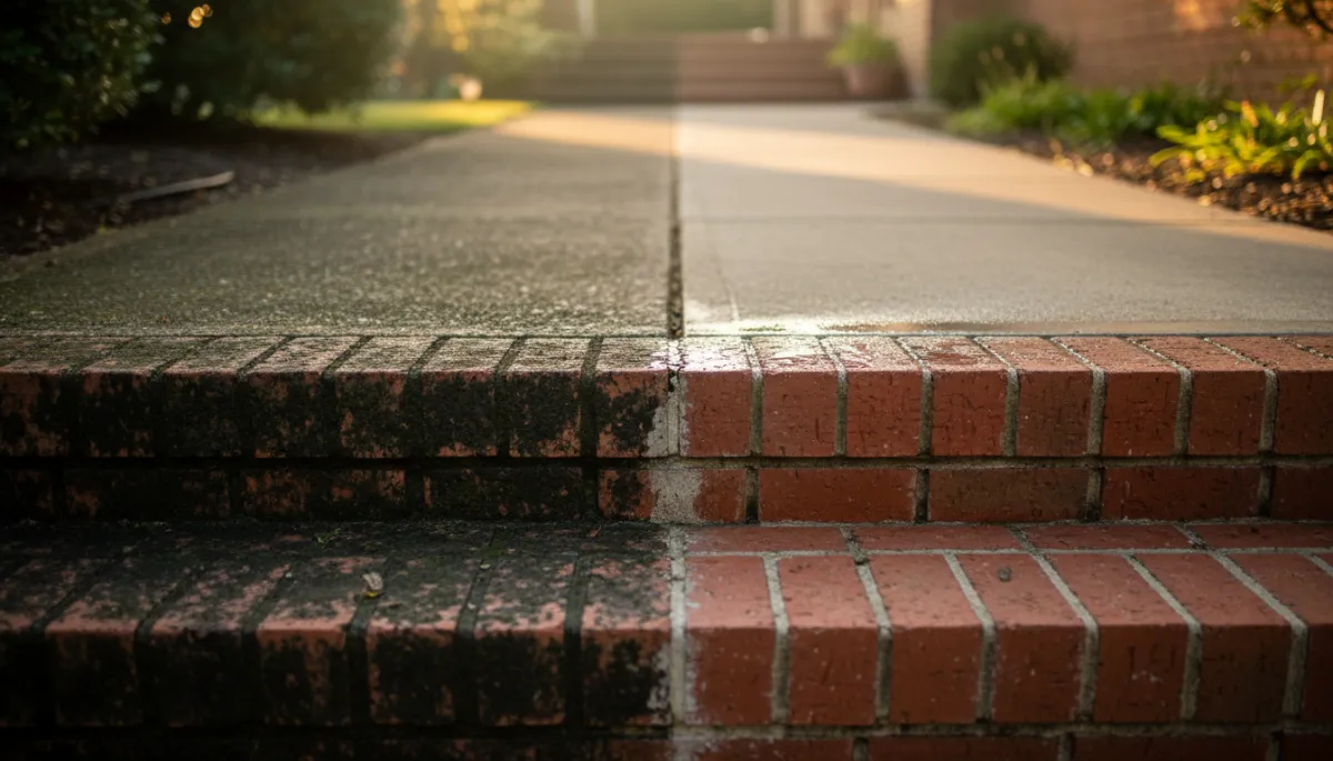Front walkway showing a clear line between dirty and freshly power washed concrete