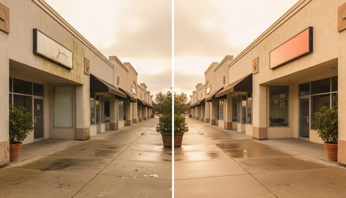 Retail storefront showing dramatic before and after power washing results