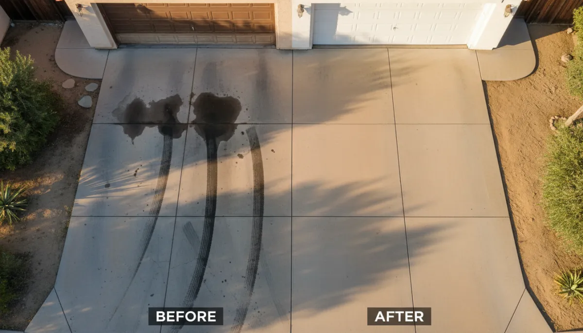 Residential driveway showing before and after power washing transformation