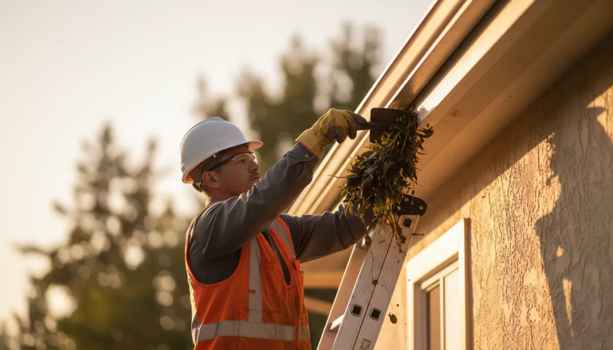 Technician cleaning gutters on an Oklahoma City home
