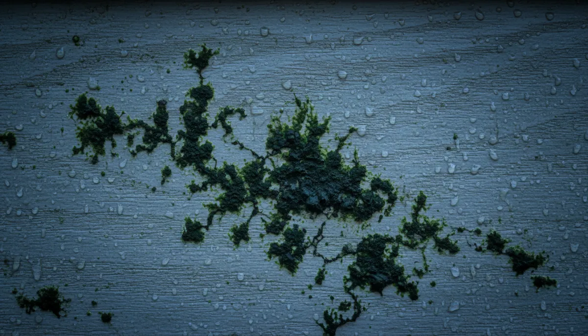 Close-up of algae rooted into textured vinyl siding on an Oklahoma home