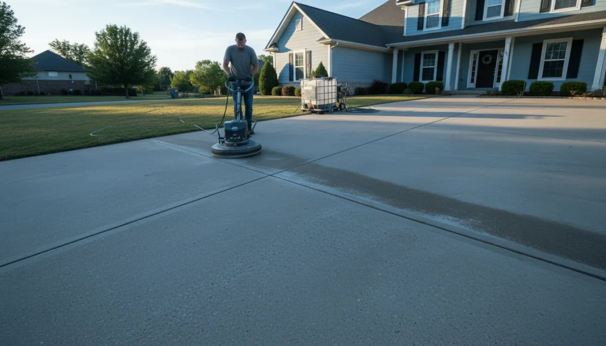 Technician using high pressure on concrete while soft wash setup is staged for siding