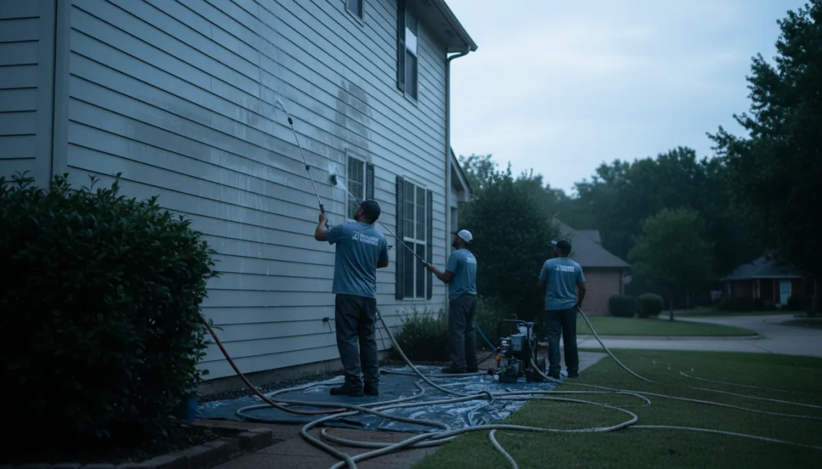 Local exterior maintenance crew soft washing shaded siding on an Oklahoma City home