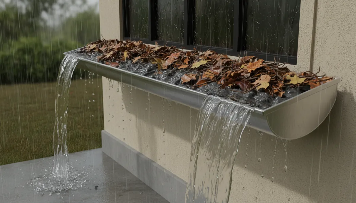 Overflowing clogged gutter dumping water near a home foundation