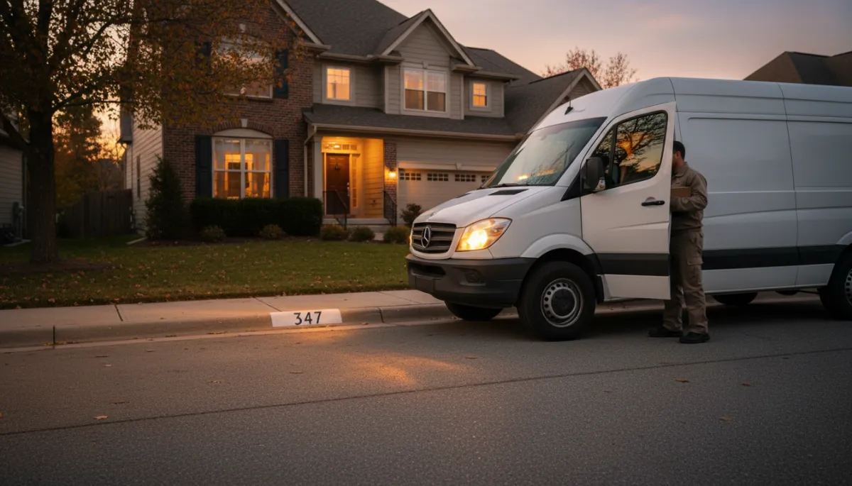 Delivery driver confirming the correct house using a visible reflective curb number