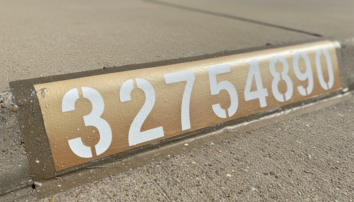 Close-up of a freshly painted reflective curb address on a concrete curb