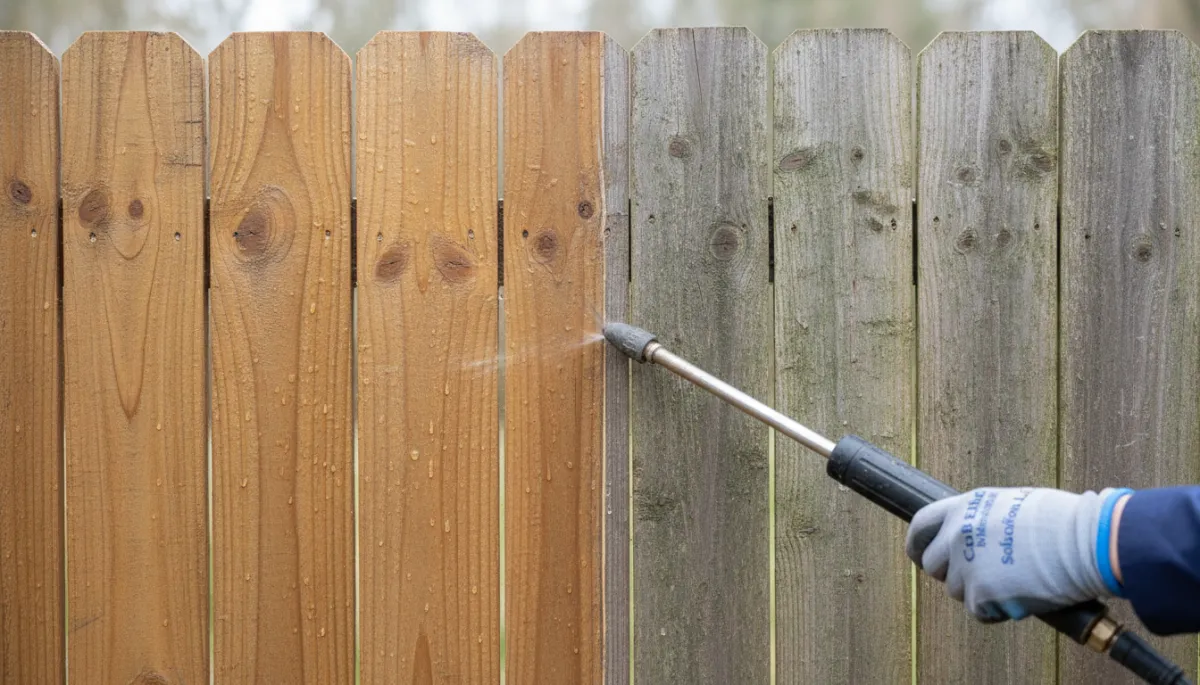 Close-up comparison of dirty and soft-washed wood fence panel
