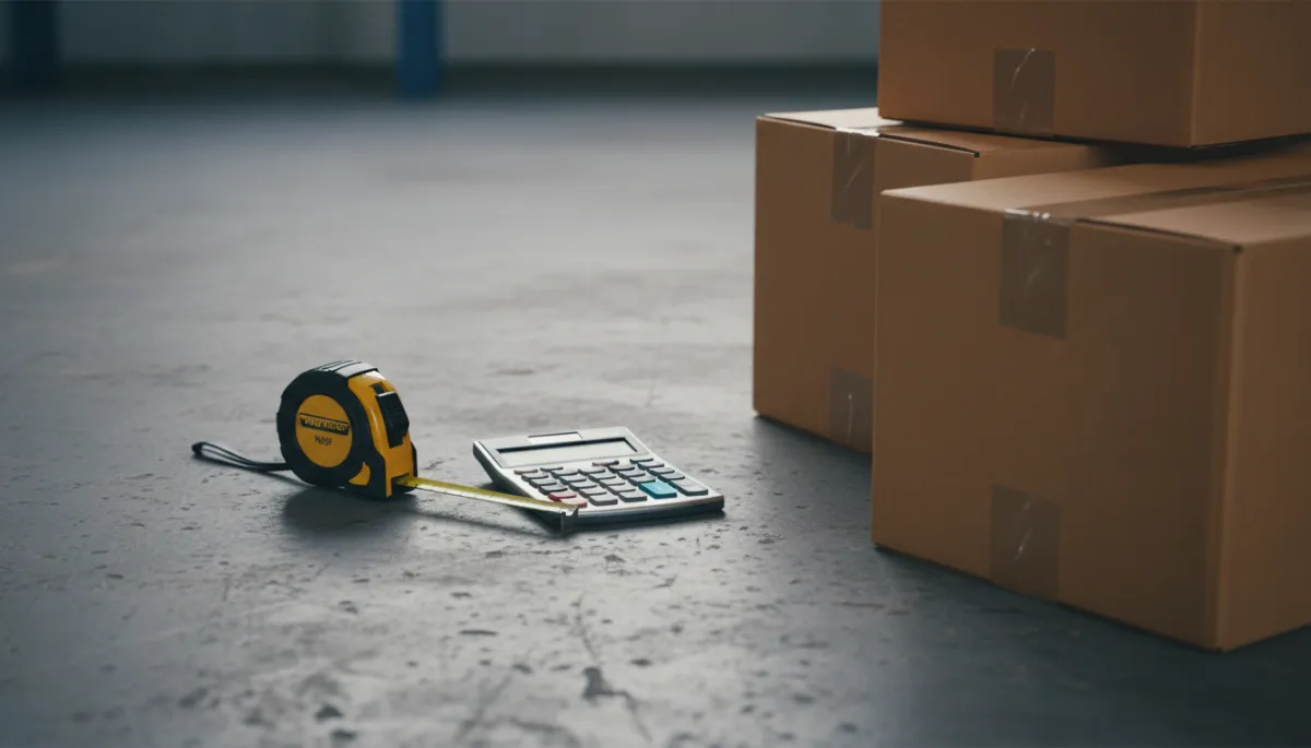 Tape measure and calculator on warehouse floor beside stored boxes