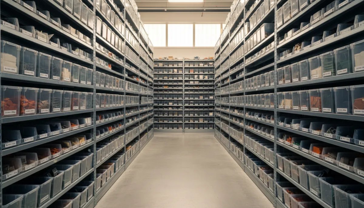Well-organized warehouse shelves with labeled bins and tidy aisles