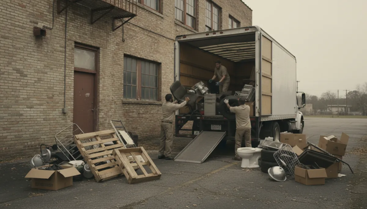 Crew loading junk and old fixtures into a truck behind a business