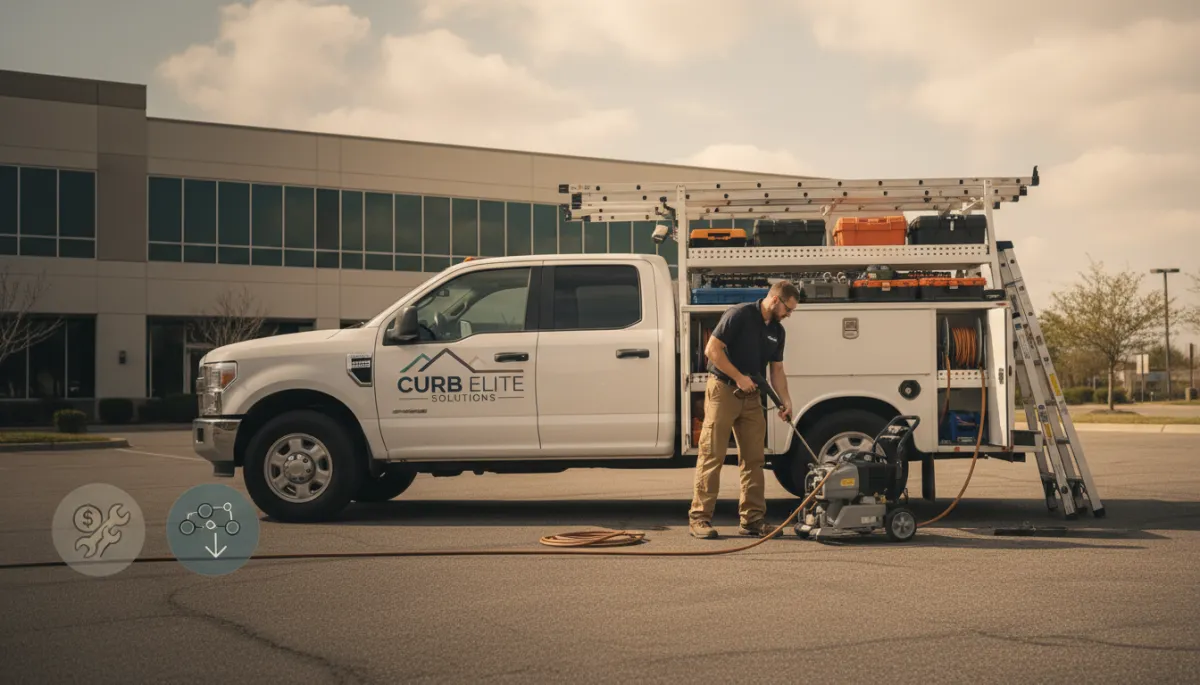Technician unloading equipment for a bundled exterior maintenance visit