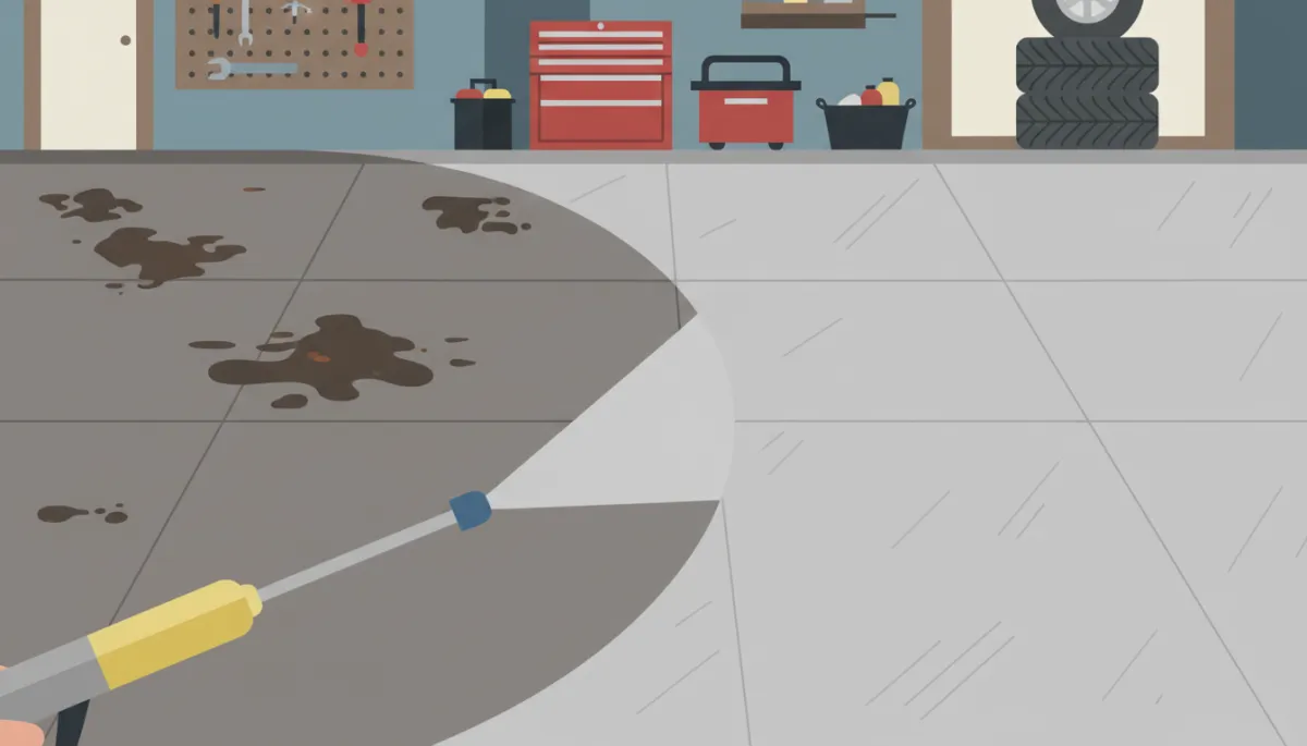 Power washing stained OKC garage concrete floor to remove oil and grime Power washing stained OKC garage concrete floor to remove oil and grime