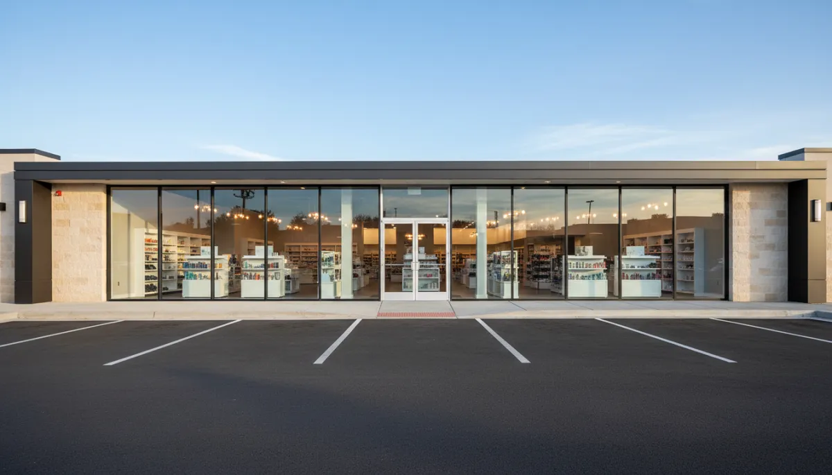 Clean commercial storefront viewed from a well-maintained parking lot Clean commercial storefront viewed from a well-maintained parking lot