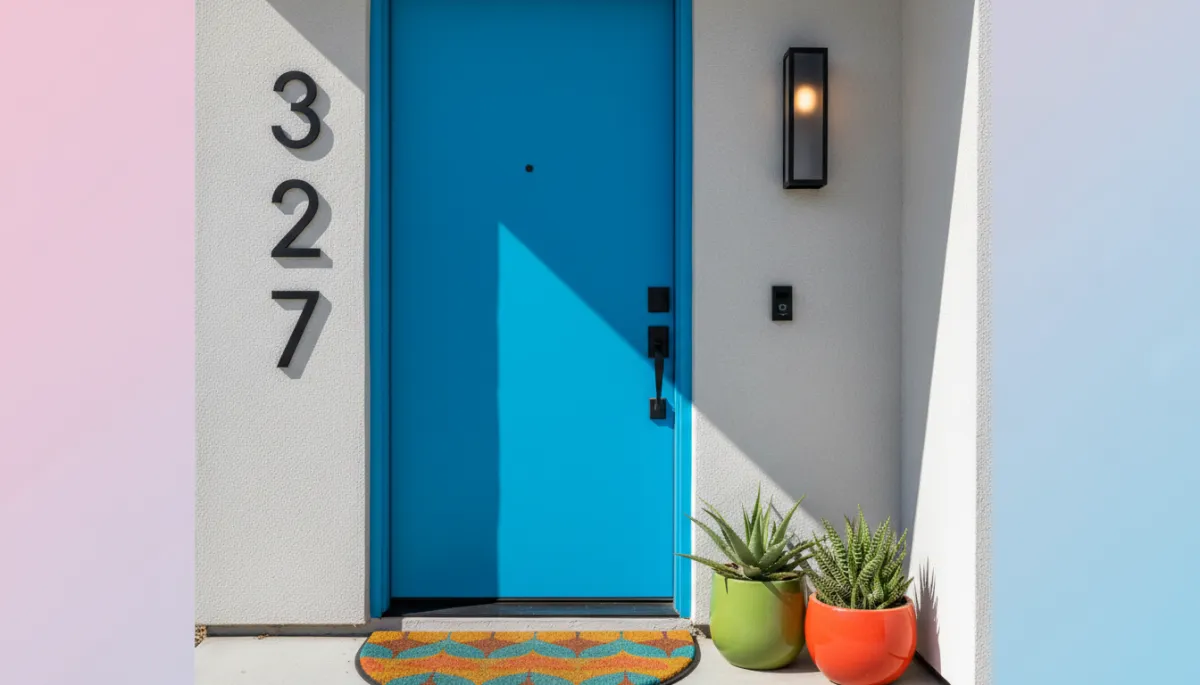 Front door with bold paint color and modern house numbers