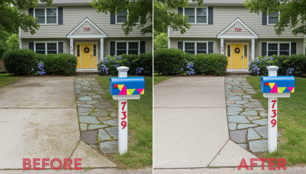 Driveway and front walk before and after power washing