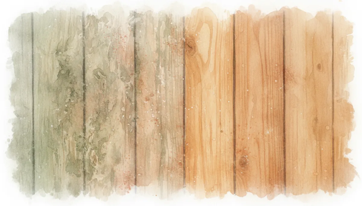 Comparison of weathered fence boards before and after soft washing Comparison of weathered fence boards before and after soft washing