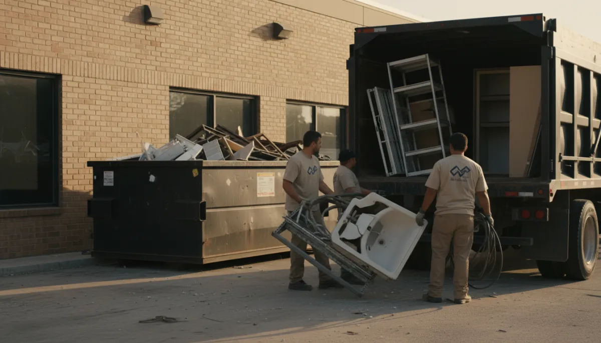 Professional crew performing commercial junk removal at a business property