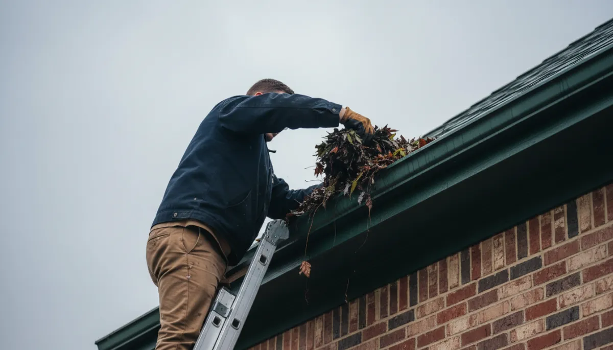 Technician cleaning gutters on a brick home in Oklahoma City Technician cleaning gutters on a brick home in Oklahoma City