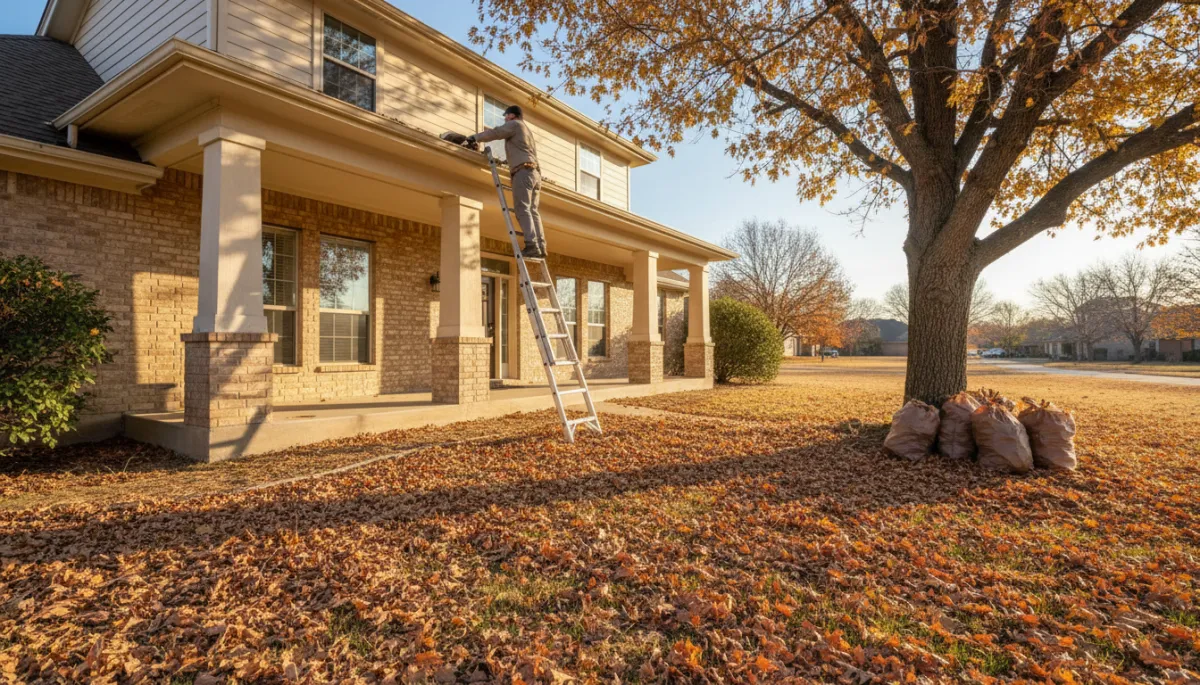 Technician cleaning gutters on an Oklahoma home in late fall