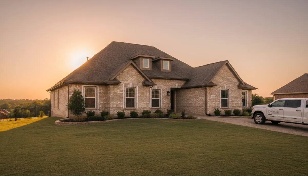 Well-maintained Oklahoma home exterior with fresh caulk and clean gutters at sunset