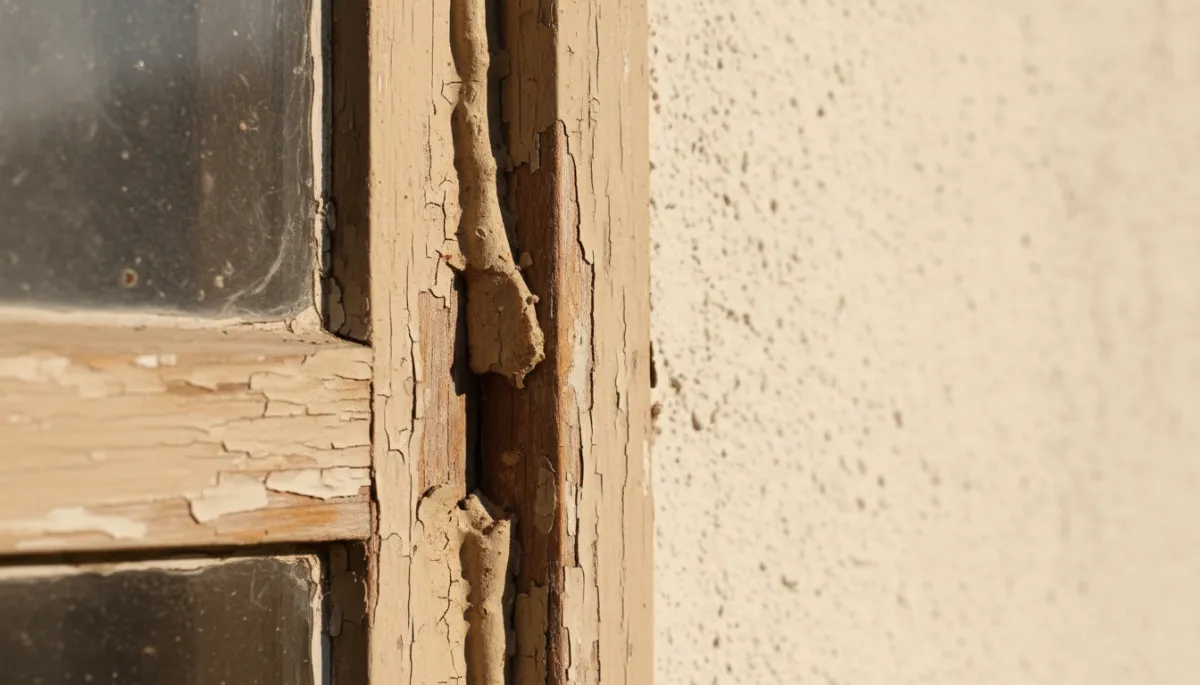 Close-up of cracked exterior window caulk and separated trim joint