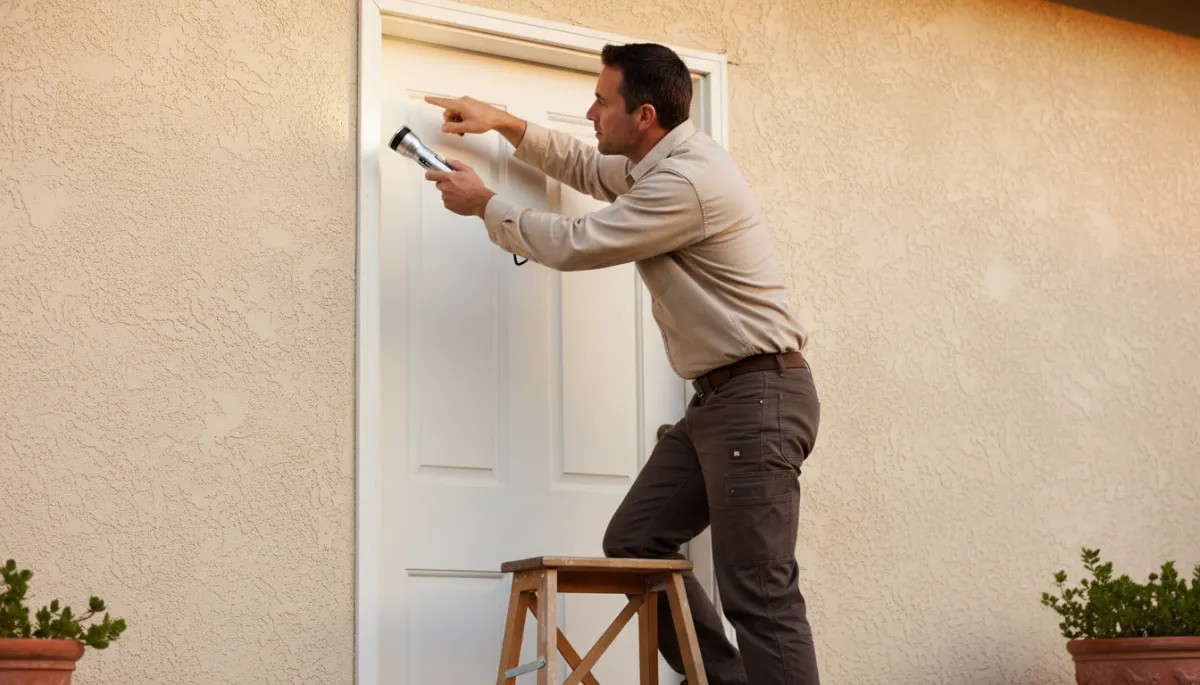 Homeowner inspecting exterior door caulk for gaps and cracks