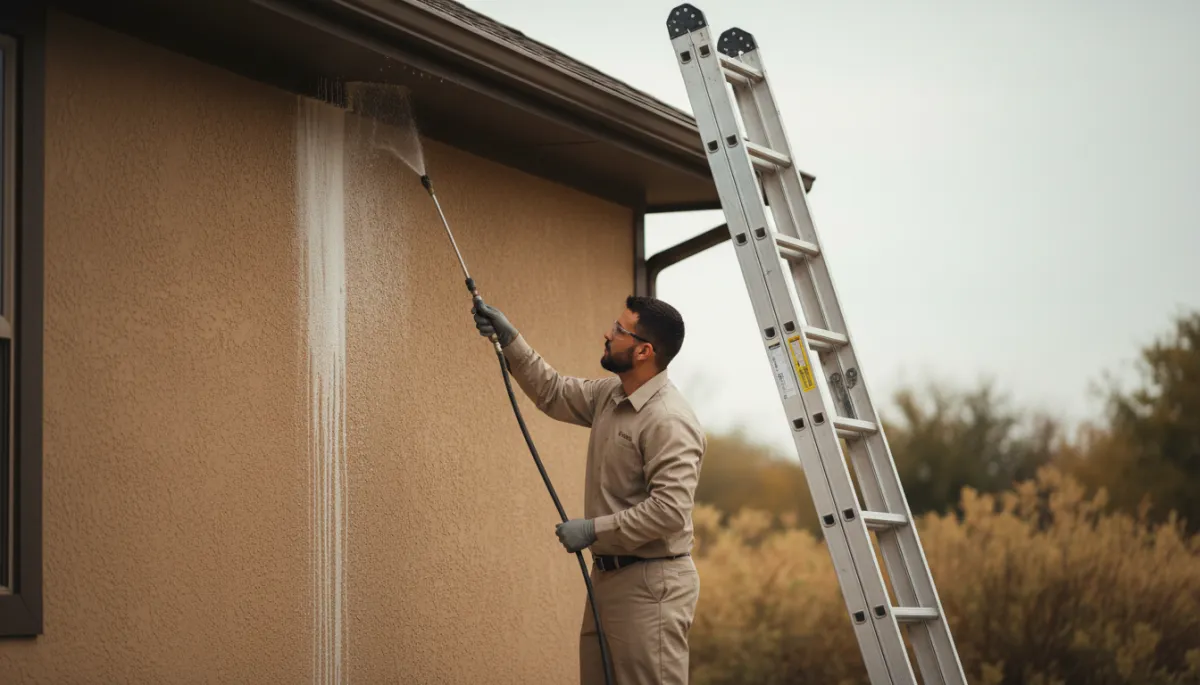 Photorealistic technician soft washing the shaded side of an Oklahoma home