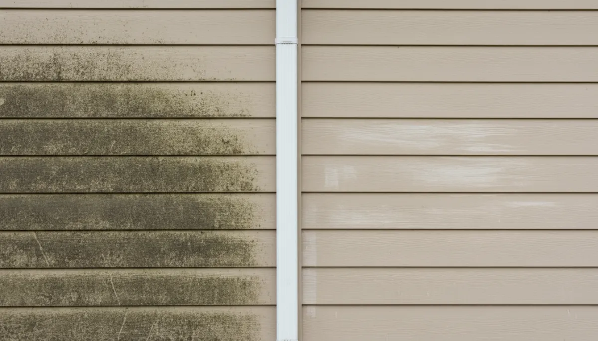 Photorealistic comparison of algae-covered siding and recently pressure-washed siding