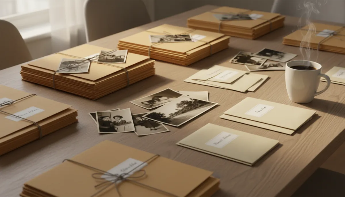 Organized paperwork, photos, and documents laid out during an estate cleanout