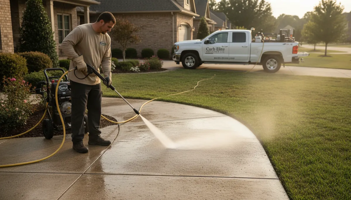 Exterior maintenance technician power washing a home walkway