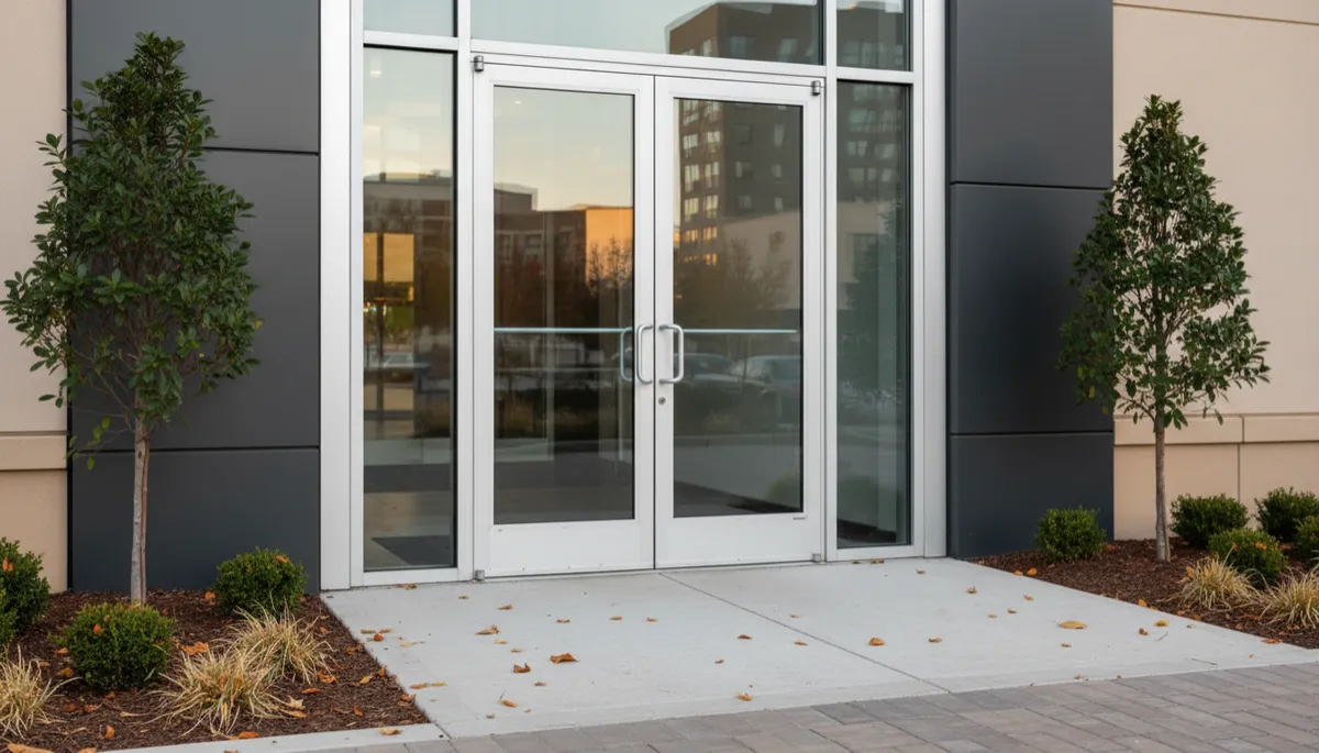 Clean commercial entrance glass and frames at a retail property