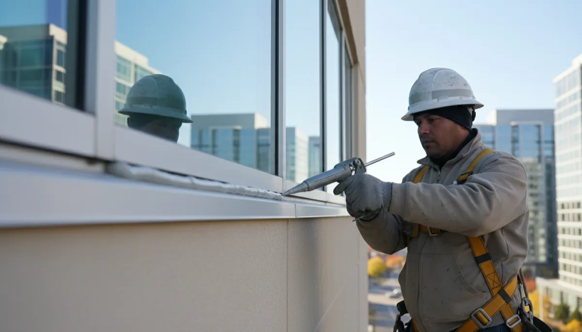 Technician weatherizing and sealing window trim on a commercial property