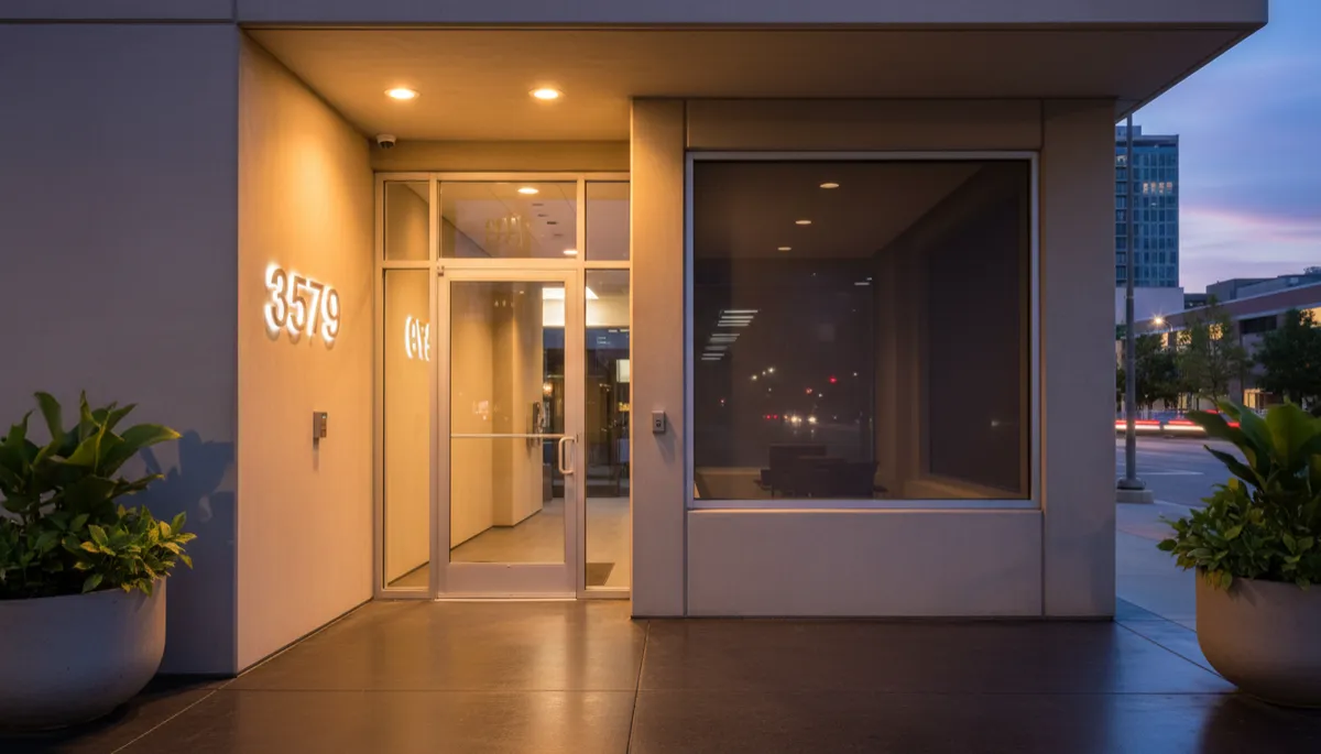 Well-lit commercial entry with clear address numbers and maintained details