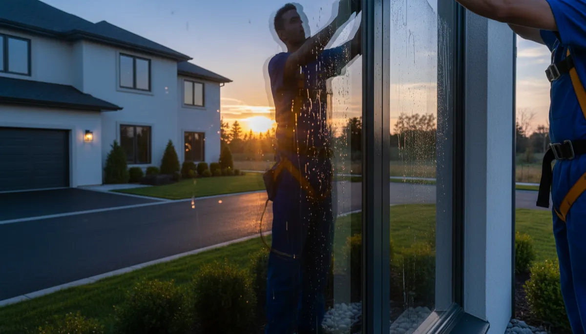 Professional cleaner washing exterior windows of a rental property