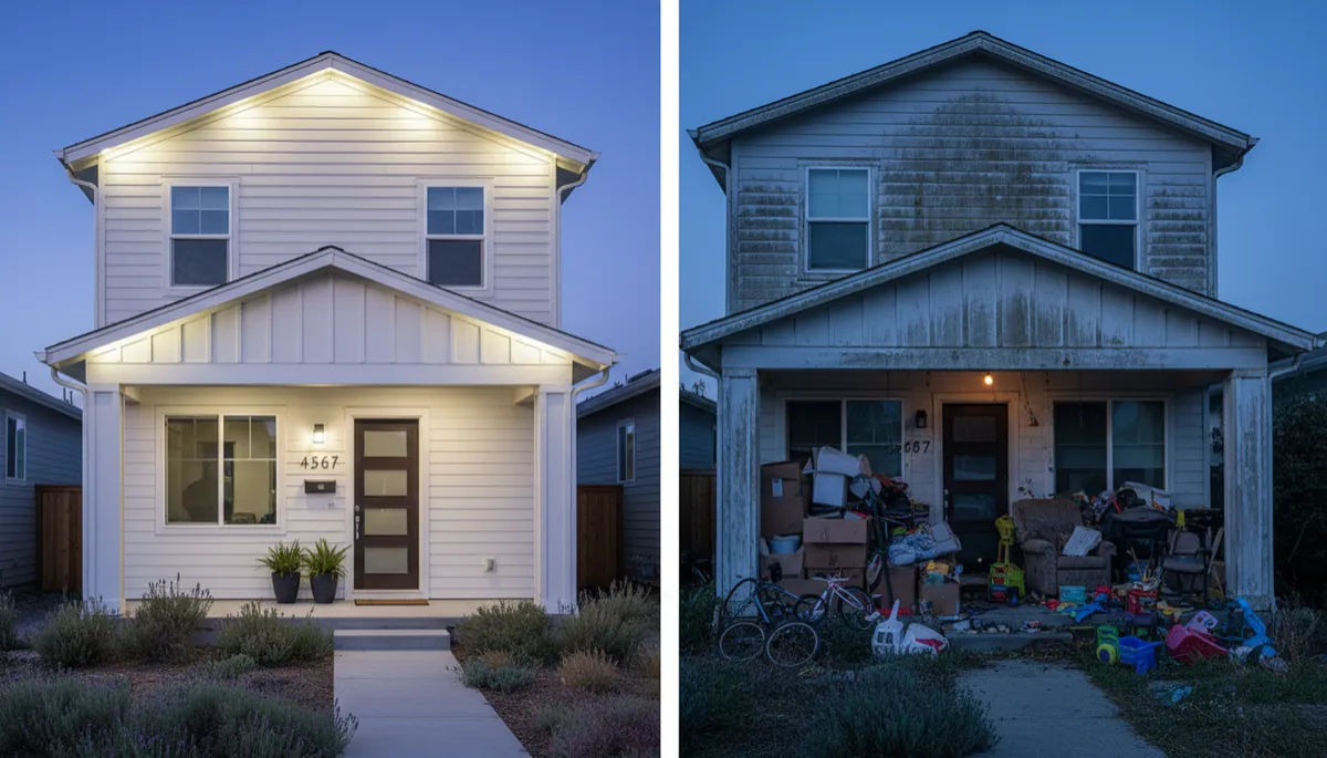 Comparison of well-maintained rental exterior versus neglected exterior