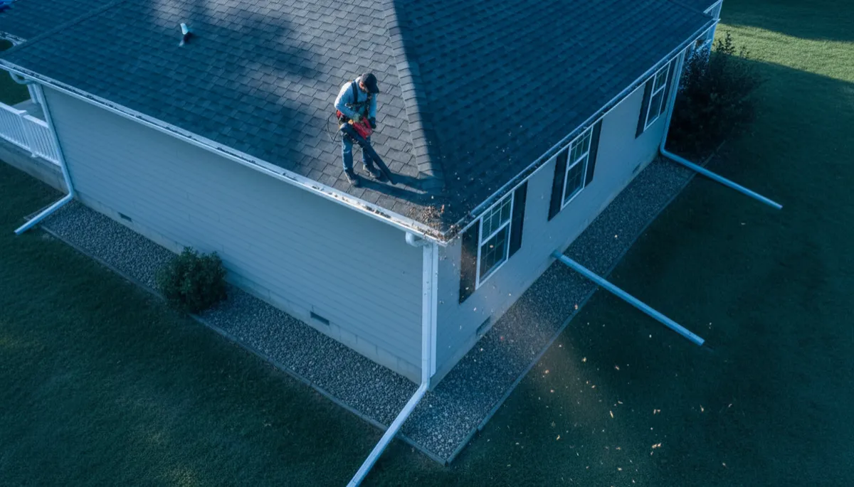 Technician cleaning gutters and checking downspout extensions on a rental home