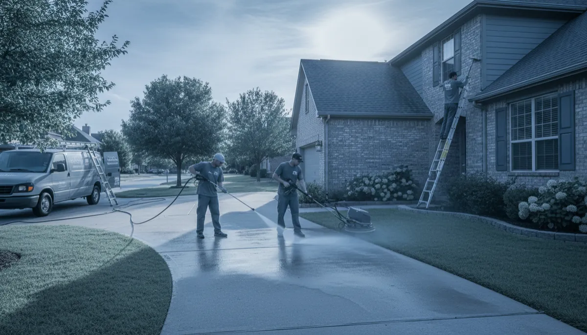 Exterior maintenance crew power washing and cleaning windows before listing