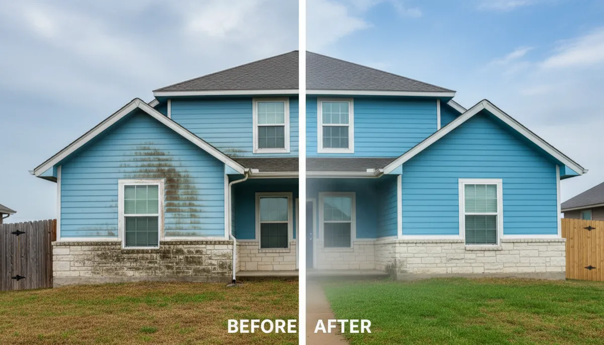 Before and after power washing showing dramatic improvement in home exterior