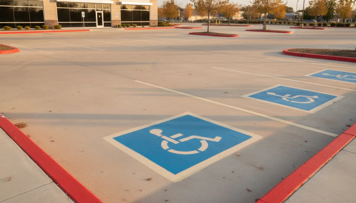 Commercial parking lot with freshly painted ADA stalls and fire lane markings Commercial parking lot with freshly painted ADA stalls and fire lane markings