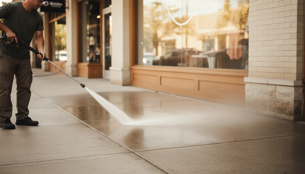 Worker pressure-washing a commercial storefront sidewalk to reveal clean concrete Worker pressure-washing a commercial storefront sidewalk to reveal clean concrete