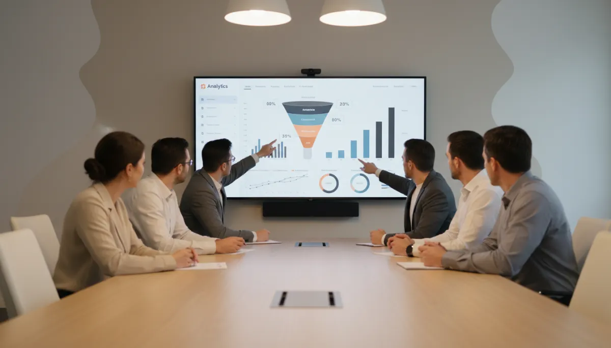Agency team reviewing funnel analytics and business insights on a large monitor