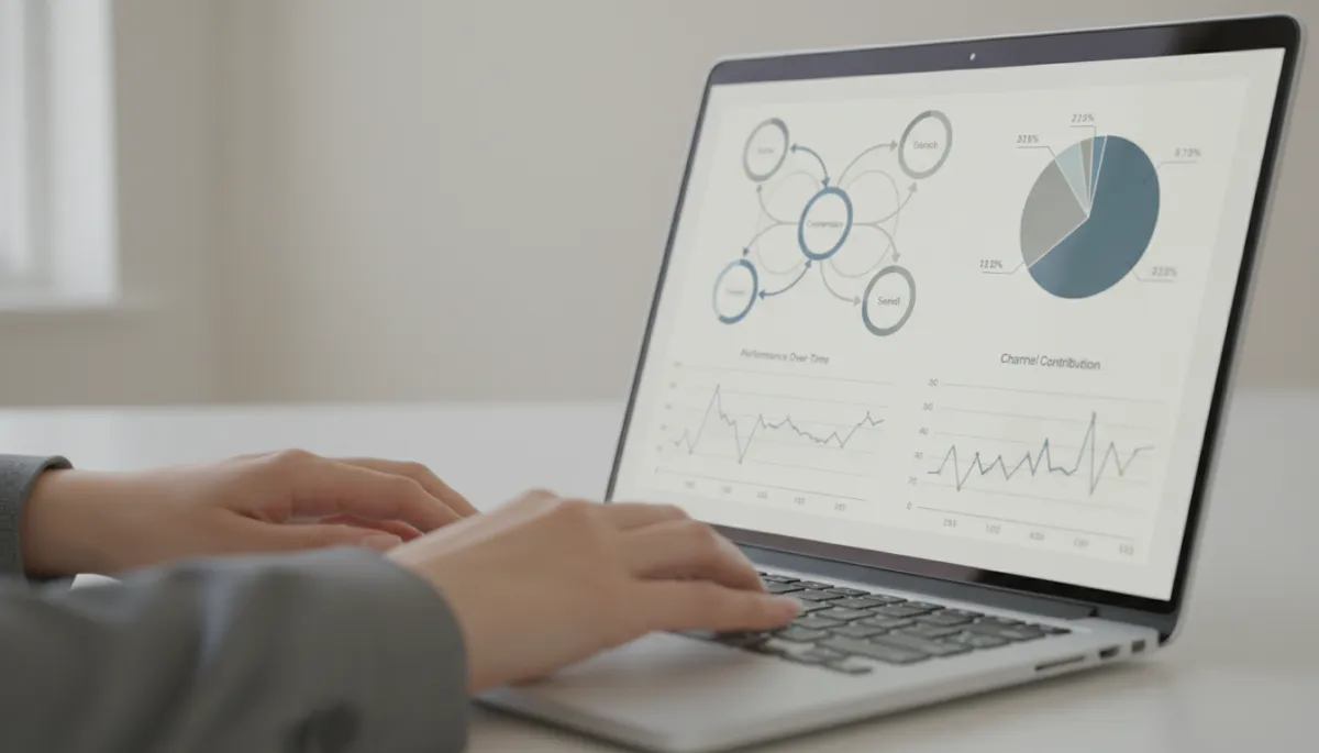 Marketing director reviewing a multi-channel attribution dashboard on a laptop