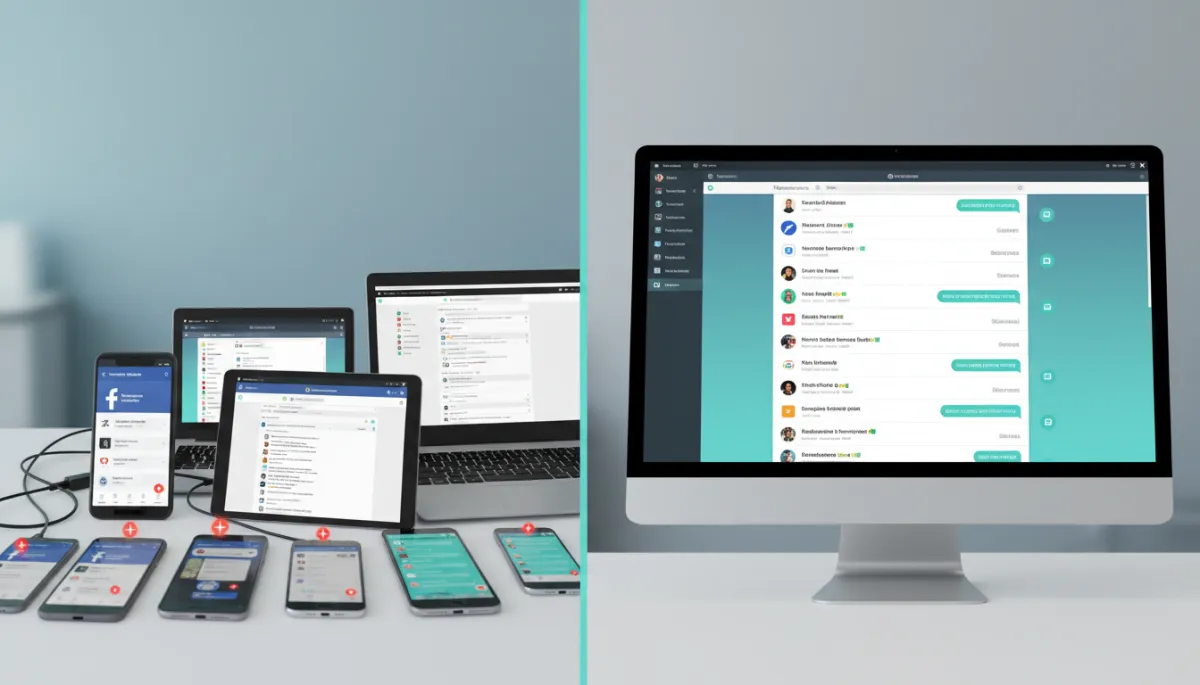 Comparison between fragmented messaging apps and a unified conversation dashboard