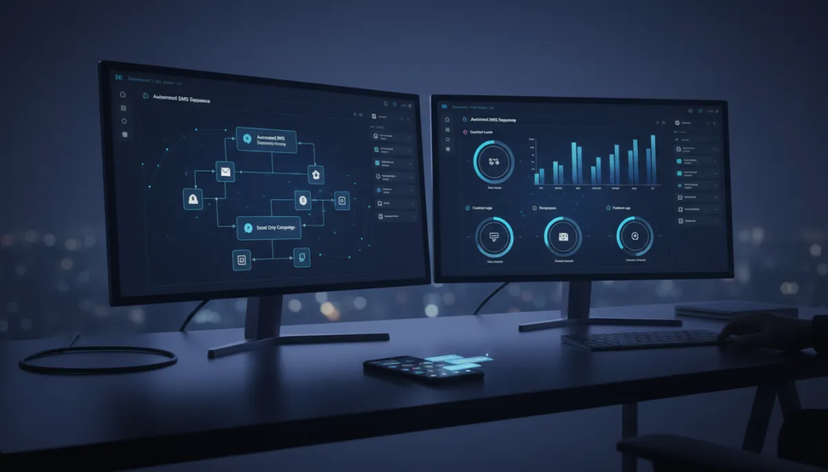 Photorealistic dual monitors showing AI-automated lead follow-up and qualification in cool shadow tones