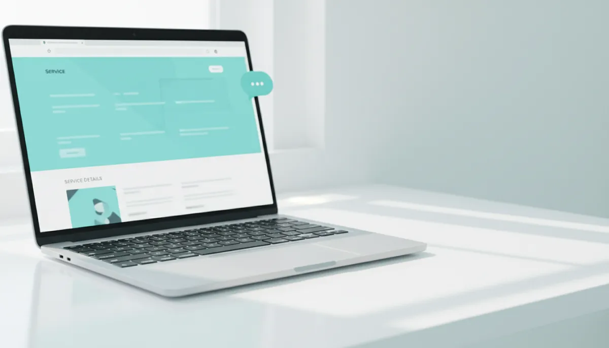 Photorealistic laptop showing a local business site with active chat widget