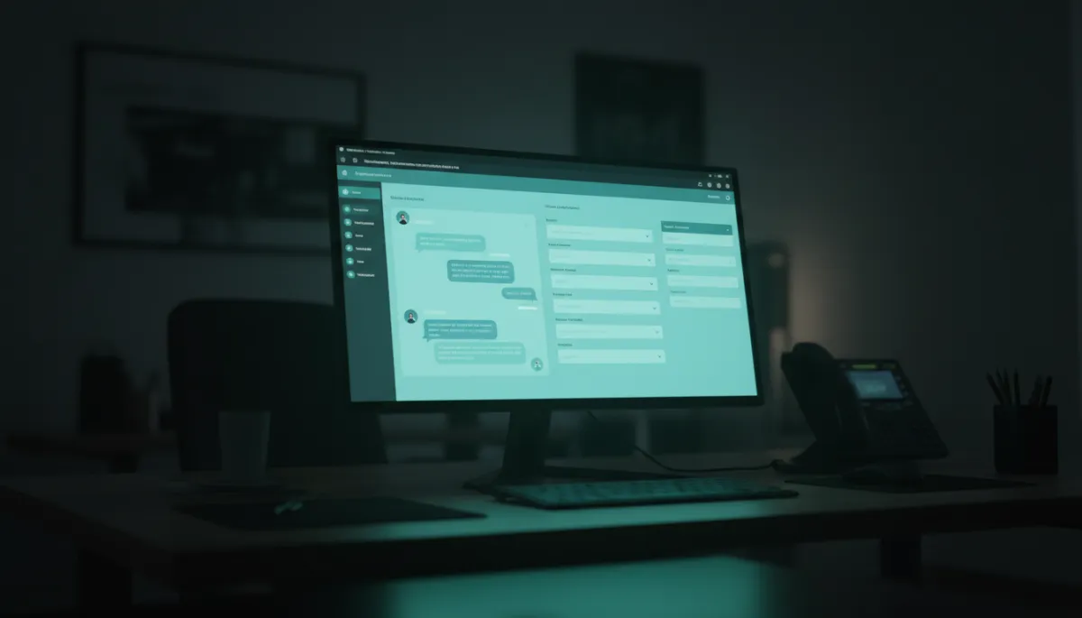 Photorealistic screen showing chat conversation feeding data into CRM