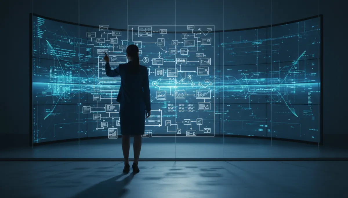 Strategist designing automated workflows while live systems execute them on screens